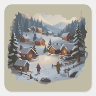 Retro Kerstmis Winterdorp 90er Bergen Bomen Vierkante Sticker