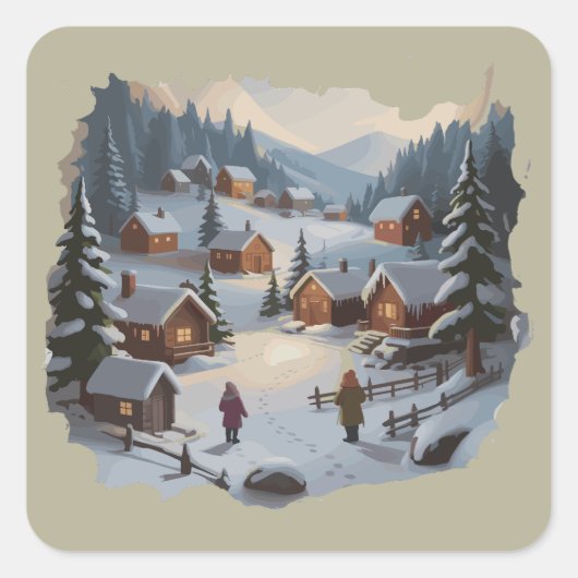 Retro Kerstmis Winterdorp 90er Bergen Bomen Vierkante Sticker (Voorkant)