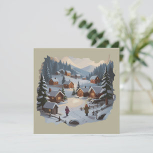Retro Kerstmis Winterdorp 90s Bergen Bomen Feestdagenkaart