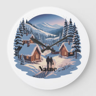 Retro Kerstmis Winterdorp 90s Vintage Berg Grote Klok