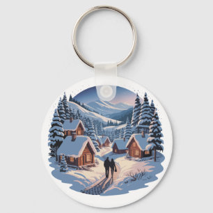 Retro Kerstmis Winterdorp Sweatshirt ,90s Sleutelhanger