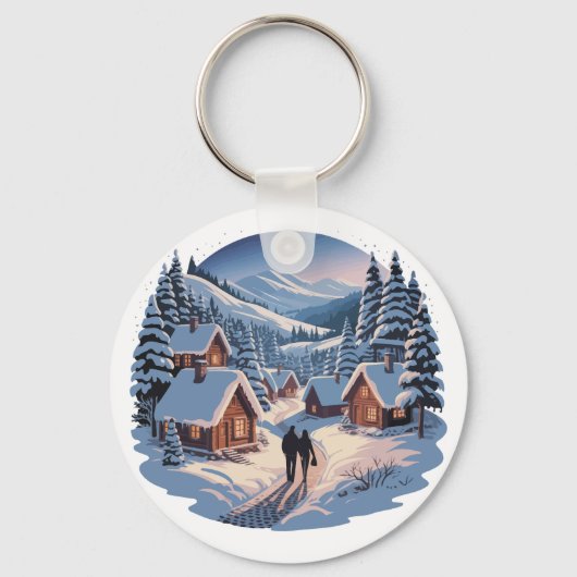 Retro Kerstmis Winterdorp Sweatshirt ,90s Sleutelhanger (Voorkant)