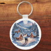 Retro Kerstmis Winterdorp Sweatshirt ,90s Sleutelhanger (Voorkant)