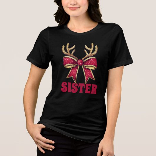 Retro Kerstmis Zuster Rendier Bow Tri-Blend Shirt (Voorkant)