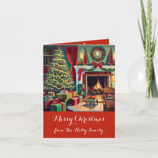Retro Kerstmisscène, Boom, Geschenken, Kaart (Voorkant)
