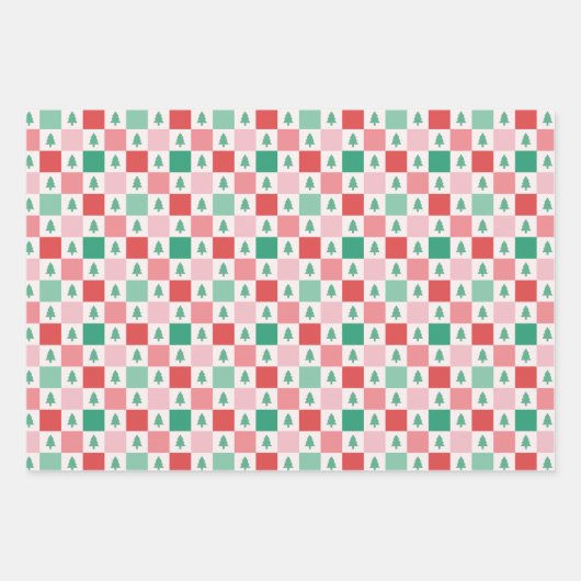 Retro kerstpatronen in rood, roze en groen inpakpapier vel (Voorkant)