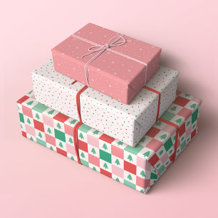 Retro kerstpatronen in rood, roze en groen inpakpapier vel