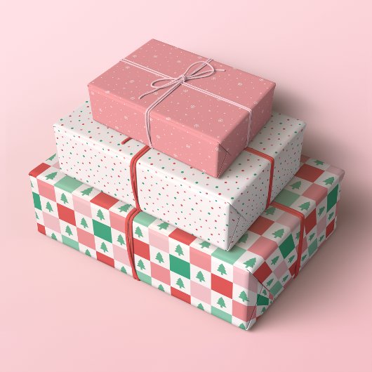 Retro kerstpatronen in rood, roze en groen inpakpapier vel
