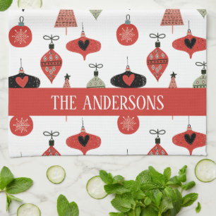 Retro kerstpatroon aangepaste familienaam theedoek