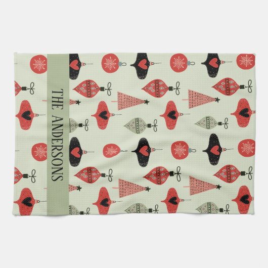 Retro Kerstpatroon Custom Familienaam Groen Theedoek (Horizontaal)