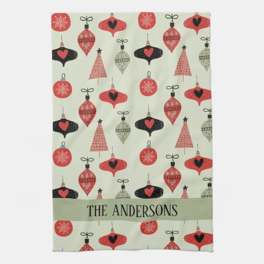 Retro Kerstpatroon Custom Familienaam Groen Theedoek (Verticaal)