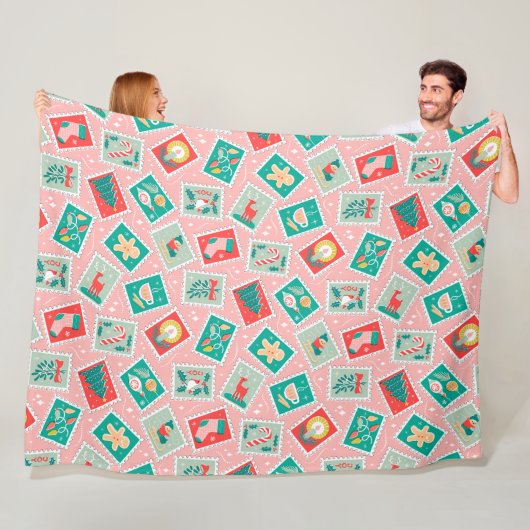 Retro Kerstpostzegels Fleece Deken (In situ)