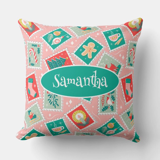 Retro Kerstpostzegels Kussen (Voorkant)