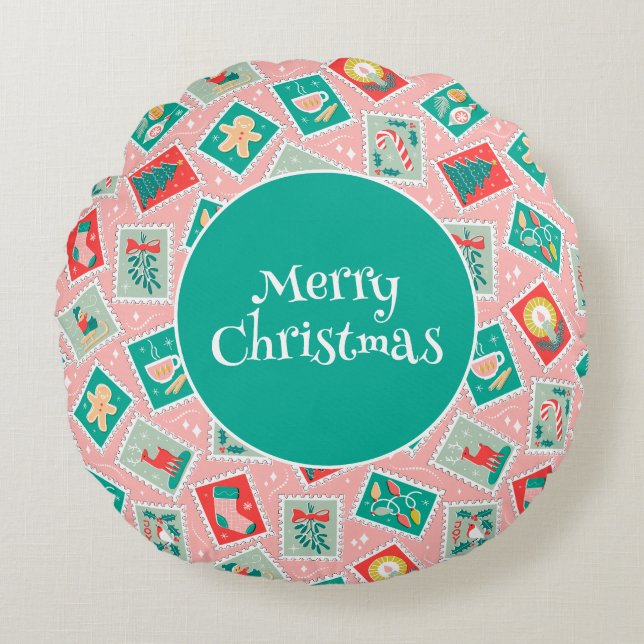 Retro Kerstpostzegels Rond Kussen (Voorkant)