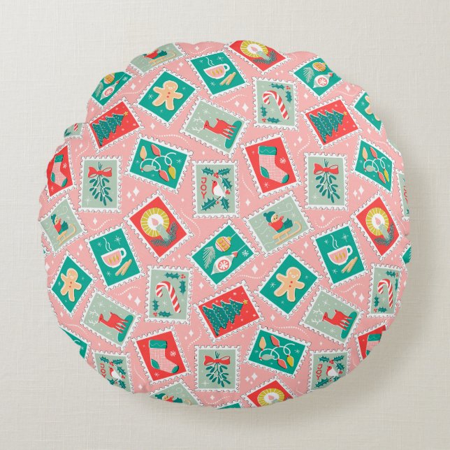 Retro Kerstpostzegels Rond Kussen (Voorkant)