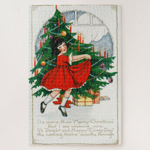 Retro kerstprentbriefkaart, kind en kerstboom legpuzzel