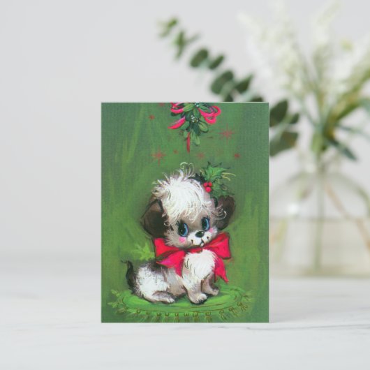 retro kerstpuppy Vakantie briefkaart (Staand voorkant)