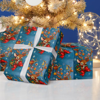 Retro kerstreindefeestdag cadeaupapier