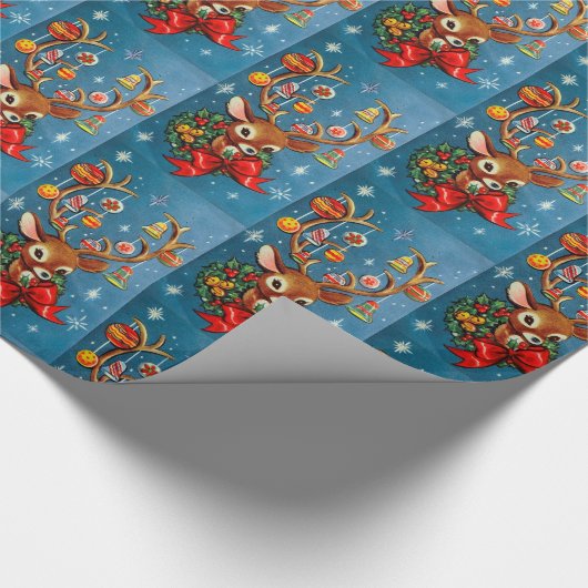 Retro kerstreindefeestdag cadeaupapier (Hoek)
