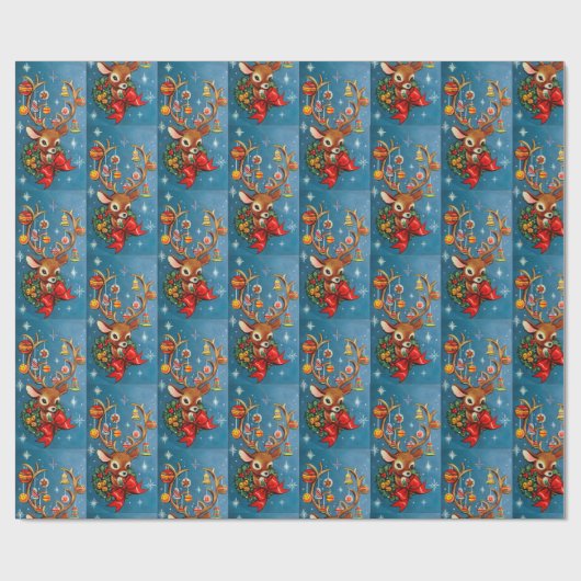 Retro kerstreindefeestdag cadeaupapier (Vlak)