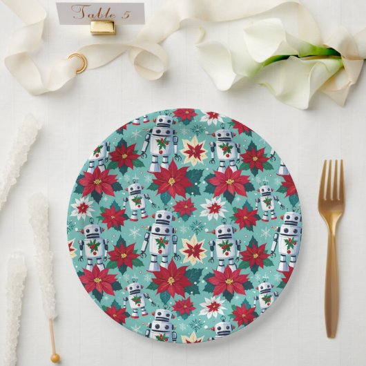 Retro Kerstrobots en Poinsettia's Papieren Bordje (Huwelijk)