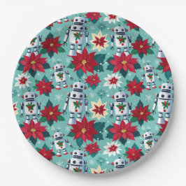 Retro Kerstrobots en Poinsettia's Papieren Bordje