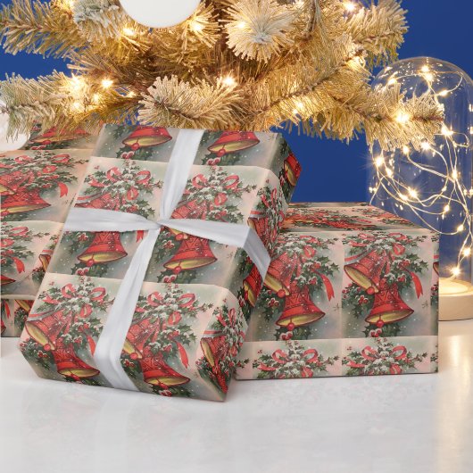  Retro-kerstrode cellen sneeuw Holly Cadeaupapier (Feestdagen)