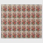  Retro-kerstrode cellen sneeuw Holly Cadeaupapier (Vlak)