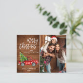 Retro-kerstrode vrachtwagen Rustic PHOTO-groet Briefkaart (Staand voorkant)
