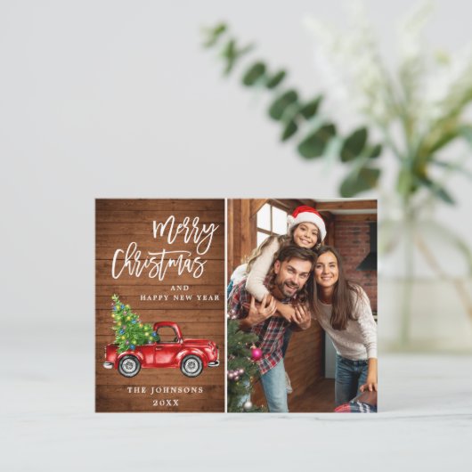Retro-kerstrode vrachtwagen Rustic PHOTO-groet Briefkaart (Staand voorkant)