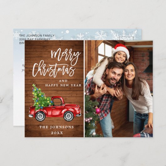Retro-kerstrode vrachtwagen Rustic PHOTO-groet Briefkaart (Voorkant / Achterkant)