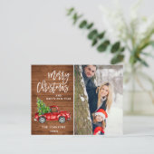 Retro-kerstrode vrachtwagen Rustic PHOTO-groet Briefkaart (Staand voorkant)