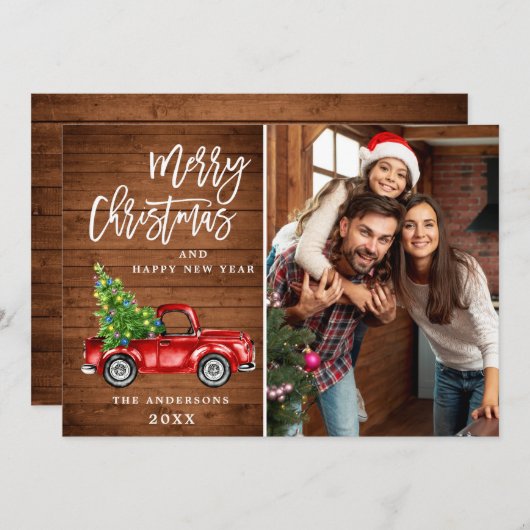 Retro-kerstrode vrachtwagen Rustic PHOTO-groet Feestdagenkaart (Voorkant / Achterkant)