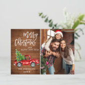 Retro-kerstrode vrachtwagen Rustic PHOTO-groet Feestdagenkaart (Staand voorkant)