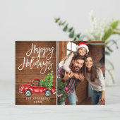 Retro-kerstrode vrachtwagen Rustic PHOTO-groet Feestdagenkaart (Staand voorkant)