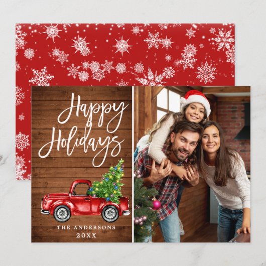 Retro-kerstrode vrachtwagen Rustic PHOTO-groet Feestdagenkaart (Voorkant / Achterkant)