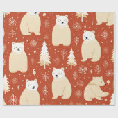 "Retro kerstrood en wit Beer en boom Cadeaupapier (Vlak)