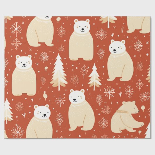 "Retro kerstrood en wit Beer en boom Cadeaupapier (Vlak)