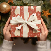 "Retro kerstrood en wit Beer en boom Cadeaupapier