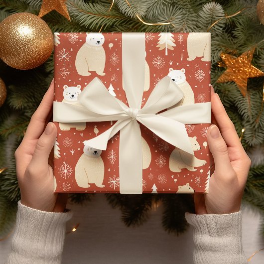 "Retro kerstrood en wit Beer en boom Cadeaupapier