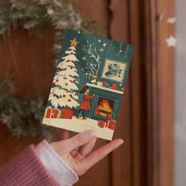 Retro Kerstscène Open haard Kind Feestdagenkaart