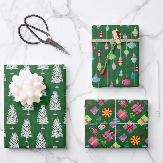 Retro kerstset 1 groene kerst inpakpapier vel (Voorkant)