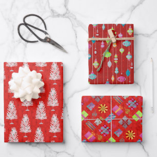 Retro kerstset 1 rode kerst inpakpapier vel
