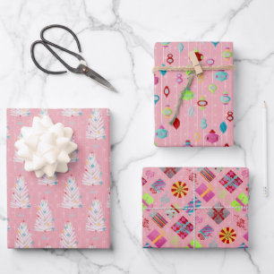 Retro kerstset 1 Roze Kerstmis Inpakpapier Vel