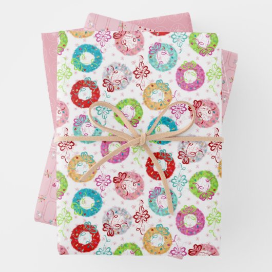 Retro kerstset 2 Roze Kerstmis Inpakpapier Vel (In situ)