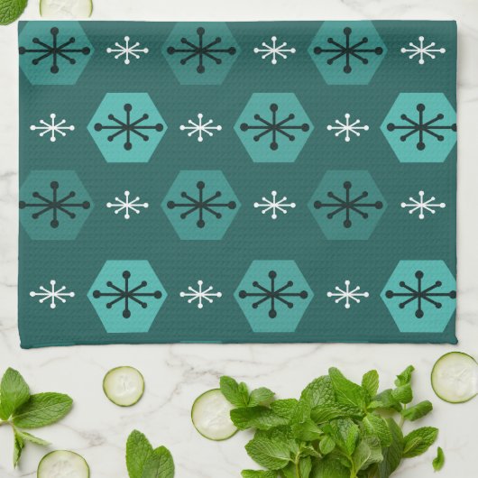 Retro kerstsnowflakes Blauwgroen Theedoek (Gevouwen)