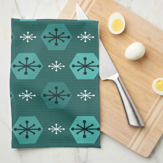 Retro kerstsnowflakes Blauwgroen Theedoek (Quarter Fold)