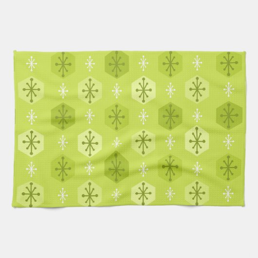 Retro kerstsnowflakes Chartreuse Theedoek (Horizontaal)