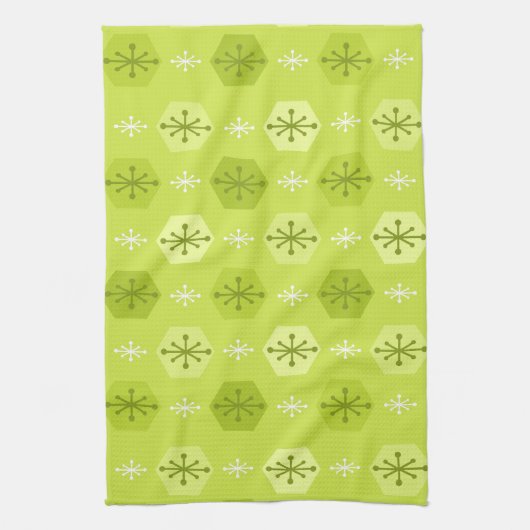 Retro kerstsnowflakes Chartreuse Theedoek (Verticaal)