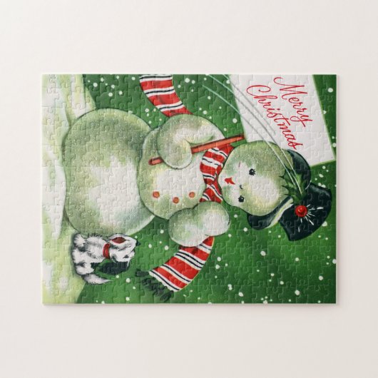  retro-kerstsnowman-kaart puzzel legpuzzel (Horizontaal)